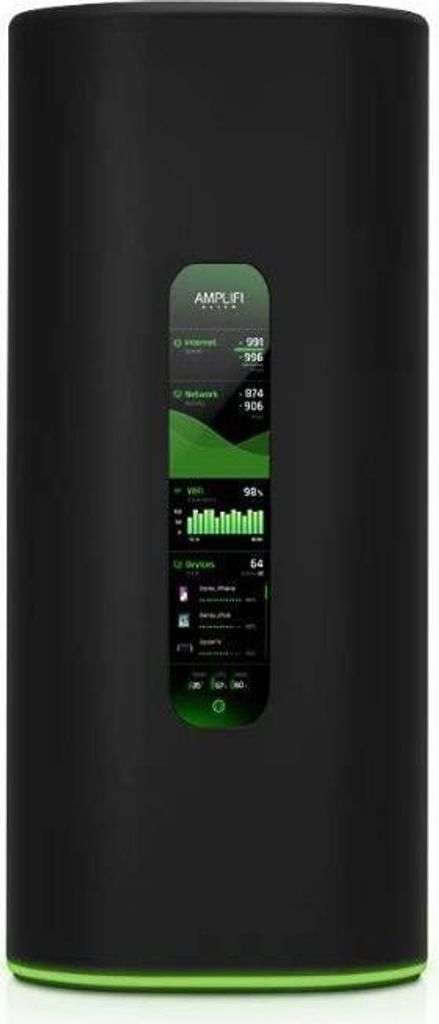 A black cylindrical router with a vertical screen displaying network information.