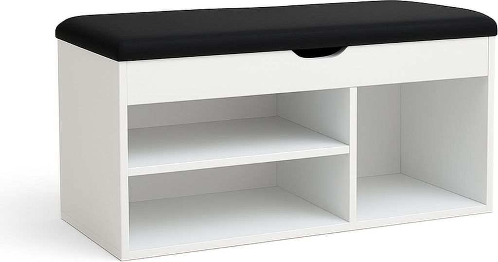 A white shoe cabinet with a black upholstered seat on top.