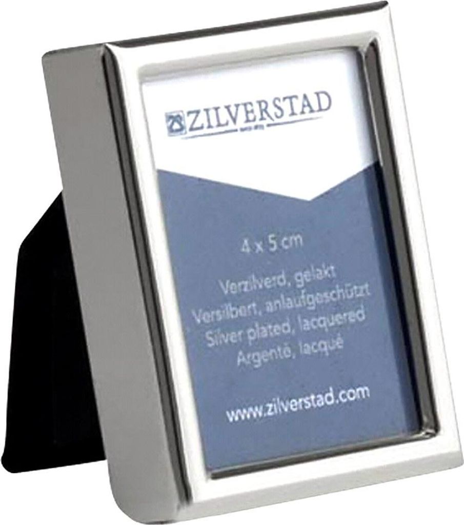 A silver-plated photo frame with product information printed on the insert.