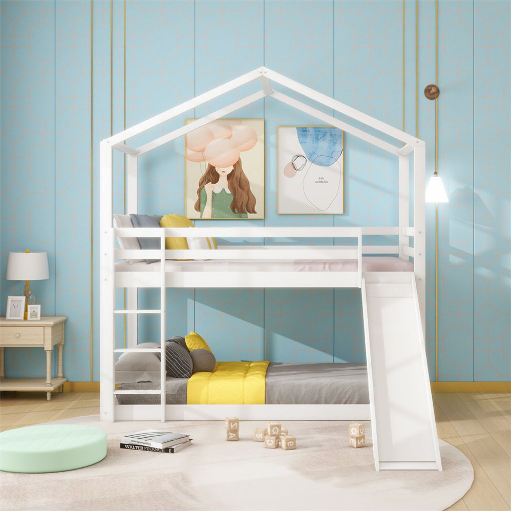 Kinderbett Hausbett, Niedriges Etagenbett mit Rutsche, Massivholz -Etagenbettrahmen mit Lattenrost 90 x 200 cm, wei?