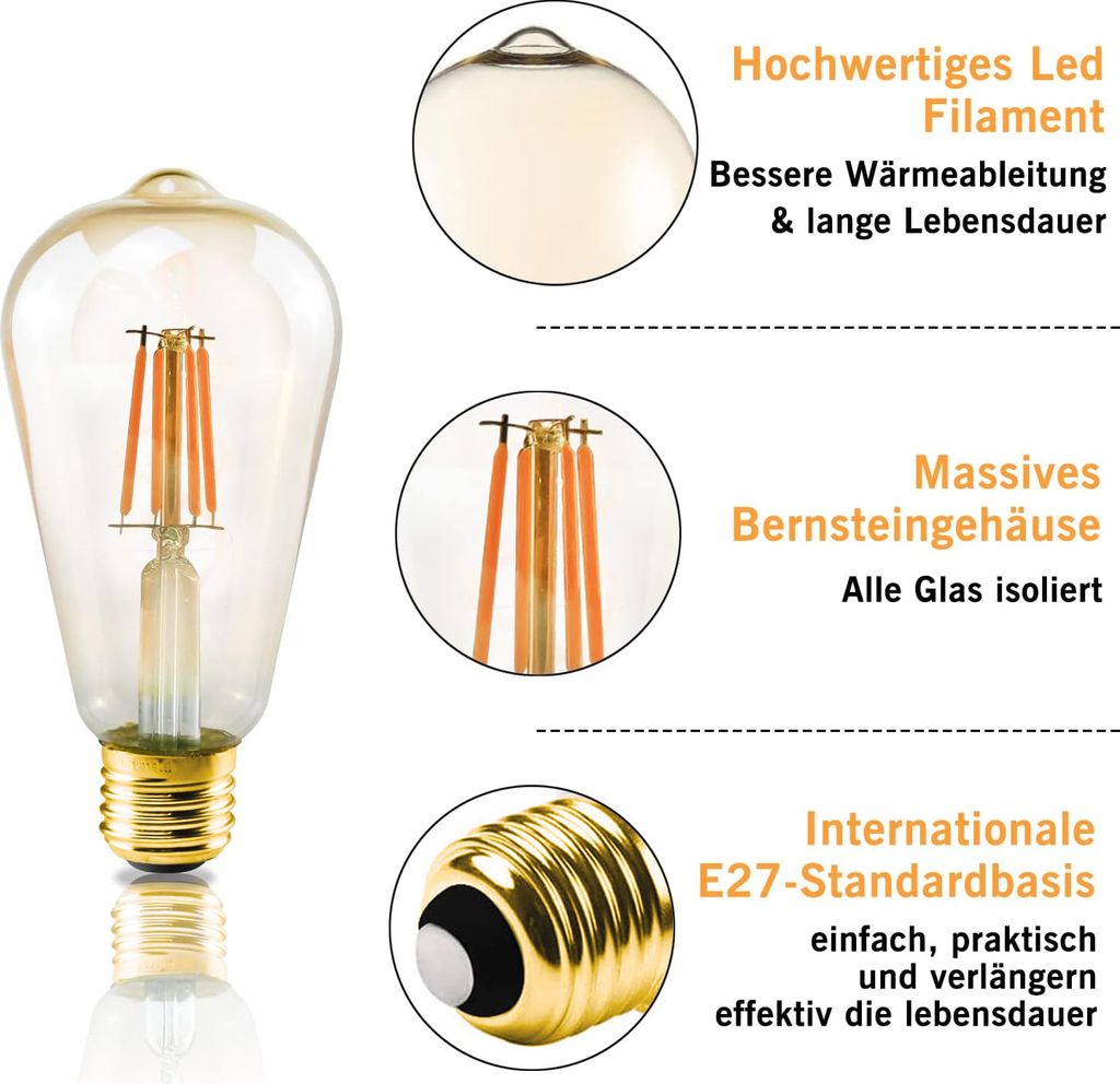 ZMH 6x LED Edison Glühbirne E27 Vintage Glühlampe Warmweiß Produktbild 8
