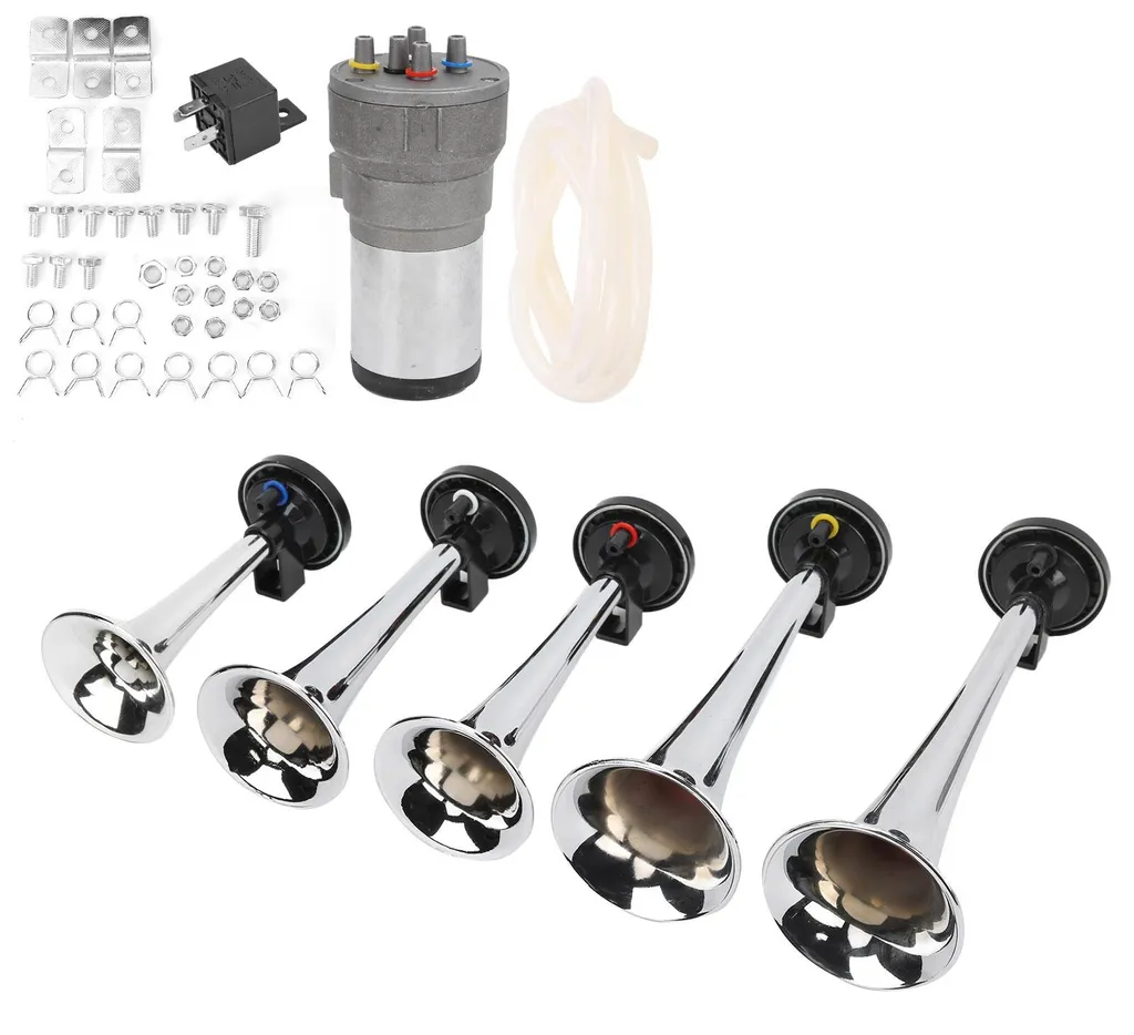 Kit 5 Klaxons Voiture 12V avec Compresseur d'Air et Trompes Chromées