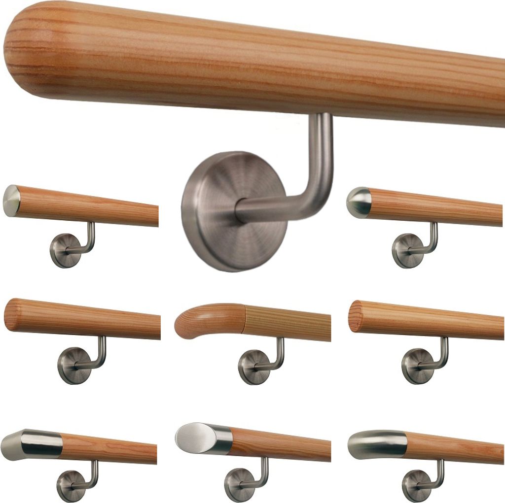 TIBU Lärche Holz Handlauf Geländer 0,3m - 5m, Länge 30 cm, Ende Halbkugel gefräst und 2 gewinkelte Halter
