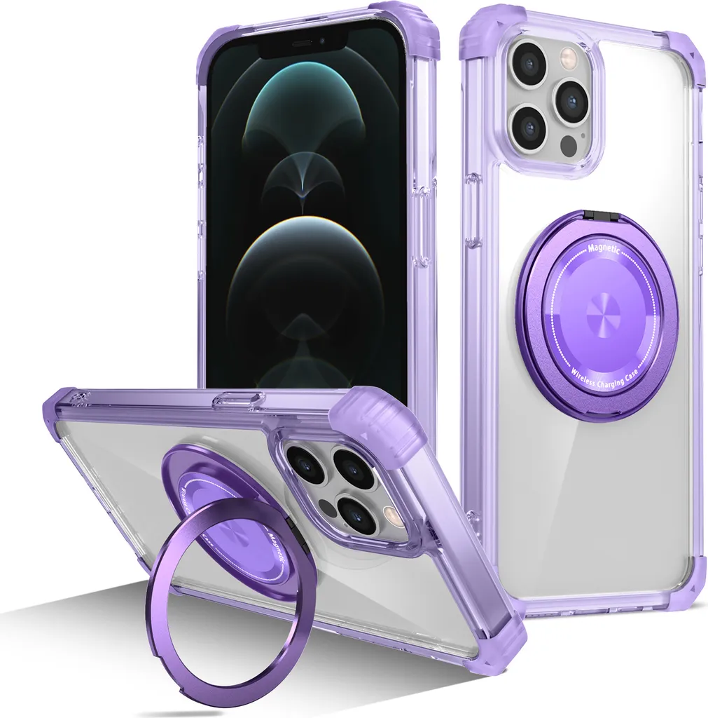 Custodia per iPhone 12 / iPhone 12 Pro Supporto ad anello magnetico compatibile con Magsafe Protezione militare Custodia trasparente Viola
