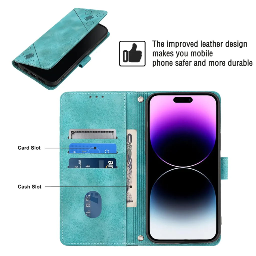 Custodia per iPhone 14 Pro in rilievo Custodia a portafoglio in pelle flip con funzione stand verde - 5