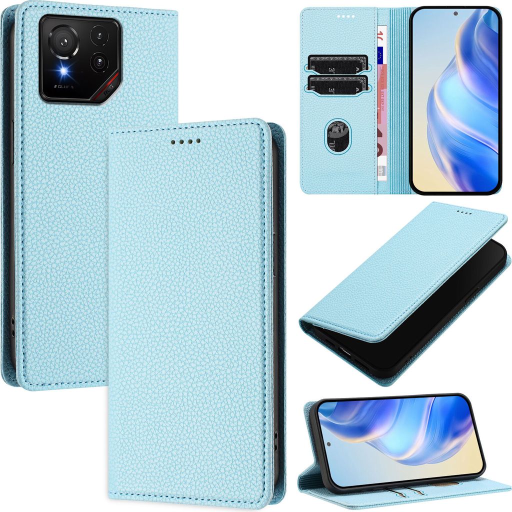 Litchi Leder Handyhülle für Asus ROG Phone 9 / 9 Pro Wallet Kartenfächer Standfunktion Hülle Hellblau