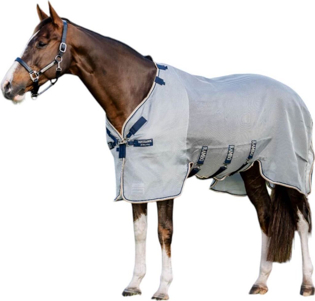 Horseware Ireland Fliegendecke Rambo Protector Fliegenschutz Silver/Navy, White & Beige 7'0 (160cm)