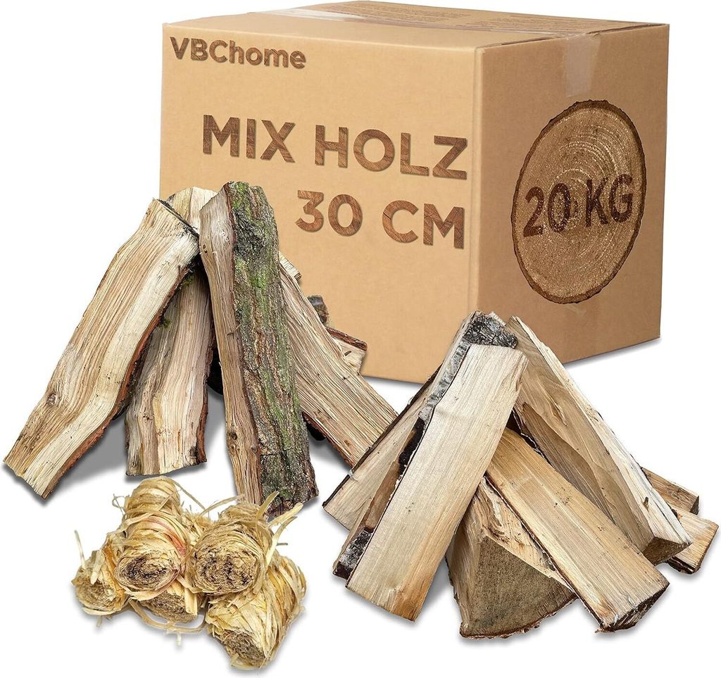 VBChome Brennholz aus Hartholz Menge 20 kg Holz Eiche Espe Birke Holzscheite 30cm Getrocknetes Holz Kaminholz Lagerfeuer und Ofen Kaminöfen Feuerholz