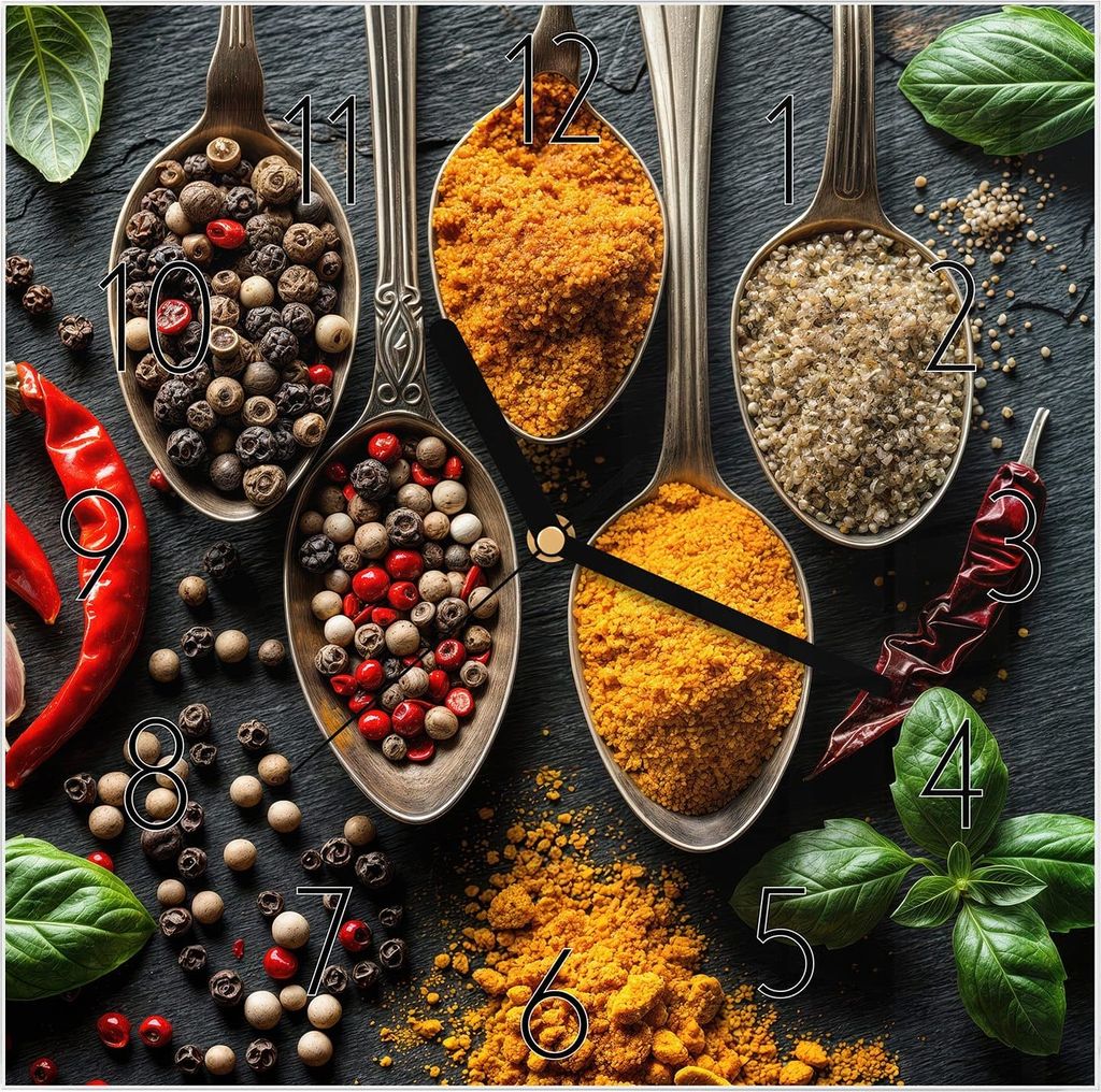 Wanduhr aus Glas mit Motiv Küchengewürze- 30 x 30 cm - inkl. Aufhängesystem