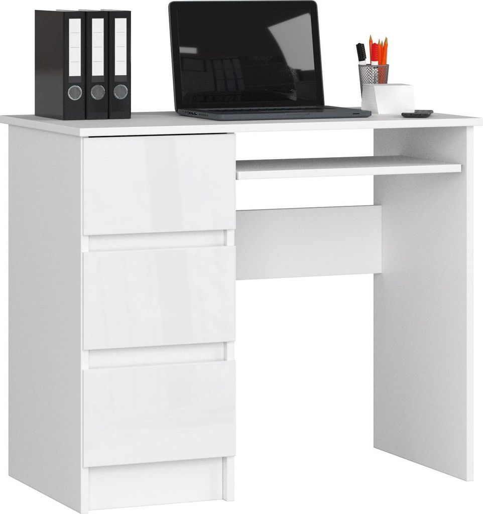 Computerschreibtisch – Schreibtisch – Bürotisch – Büroschreibtisch – 90 cm – Weiß / Hochglanz – Funktionaler Computertisch mit 3 Sch...