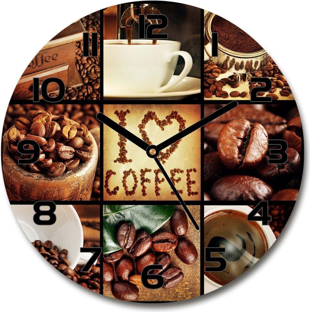 Wanduhr aus Glas 30fi Glasbild Glasuhr Gehärtetes Glas - schwarze-zeiger - Coffee collage