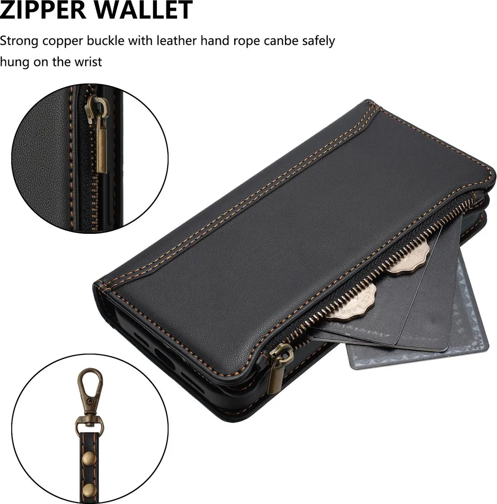 Custodia per Infinix Hot 20 4G, con cerniera, portafoglio in Finto cuoio con tasche per carte, supporto e passante per la mano nero - 4