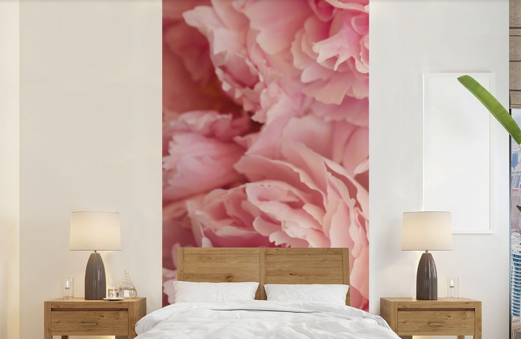 MuchoWow Fototapete für Wohnzimmer oder Schlafzimmer Wandtapete Vinyl Motivtapete Draufsicht auf einen Strauß rosa Pfingstrosen - 120x240 cm - ...