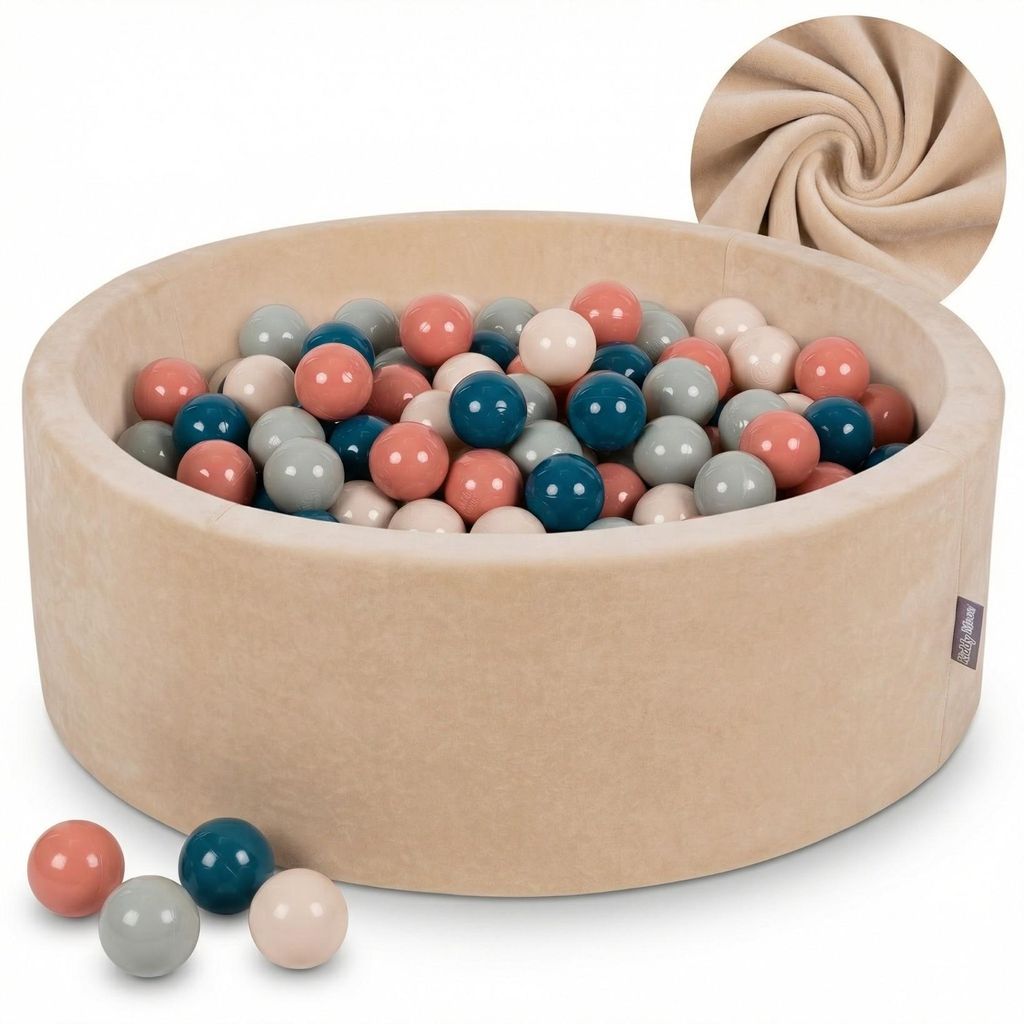 KiddyMoon Velvet Bällebad Kinder 90x30cm mit 200 Bunte Plastikbälle ∅7cm - Bällepool Rund für Baby zimmer Babyspielzeug Bällebäder - Sandbeige