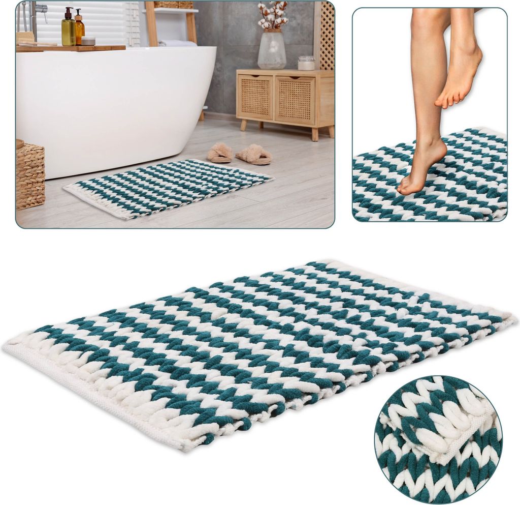 Türkis und weiß Geflochtene Badematte 50x80 cm - saugfähige Plüsch-Mikrofaser, hohe Grammatur
