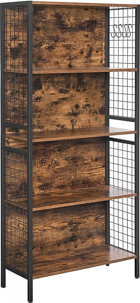 A tall, narrow bookshelf or storage unit with a rustic wood grain finish and black metal frame.