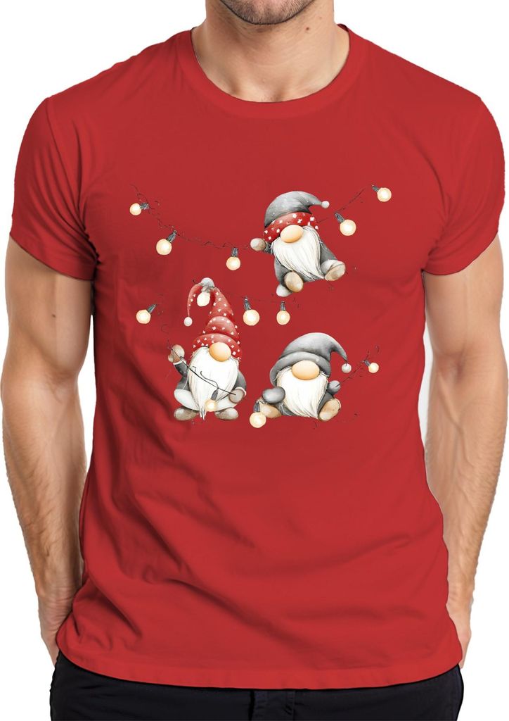 Weihnachtswichtel Weihnachten Lichterkette niedlich Skandinavisch Herren T-Shirt, Rot, XL