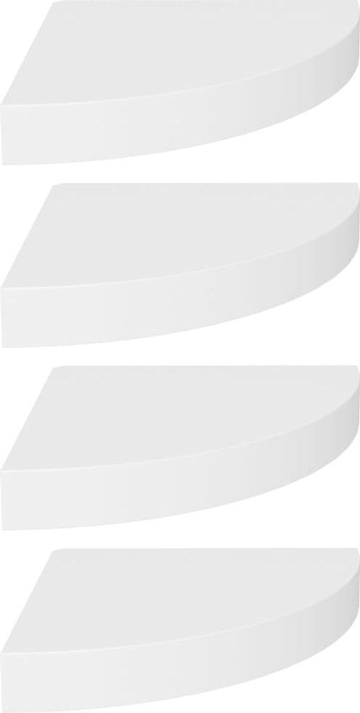 Four white corner shelves are stacked vertically against a white background.