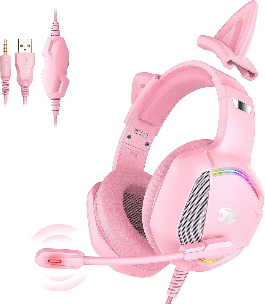 Gaming Headset mit abnehmbaren Cat Ears | Surround Sound, Noise Cancelling, Mikrofon, RGB Licht, 3.5mm für PC & Konsole