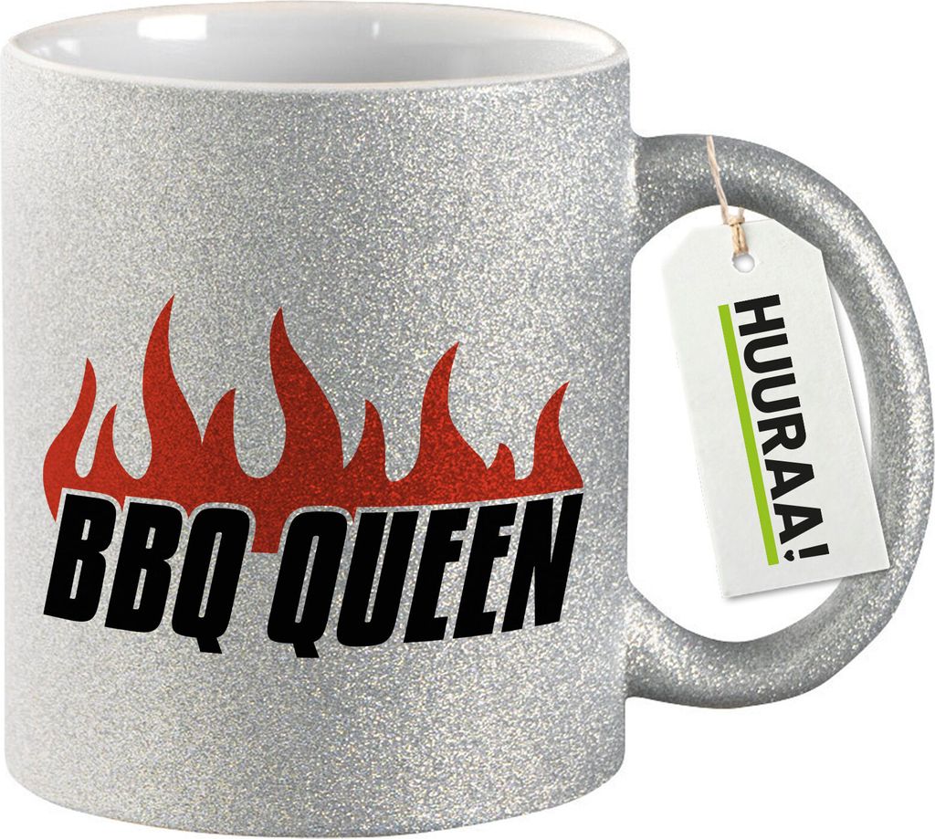 Huuraa Glitzertasse BBQ Queen Flammen 330ml Silber Keramik Kaffeebecher Geschenkidee