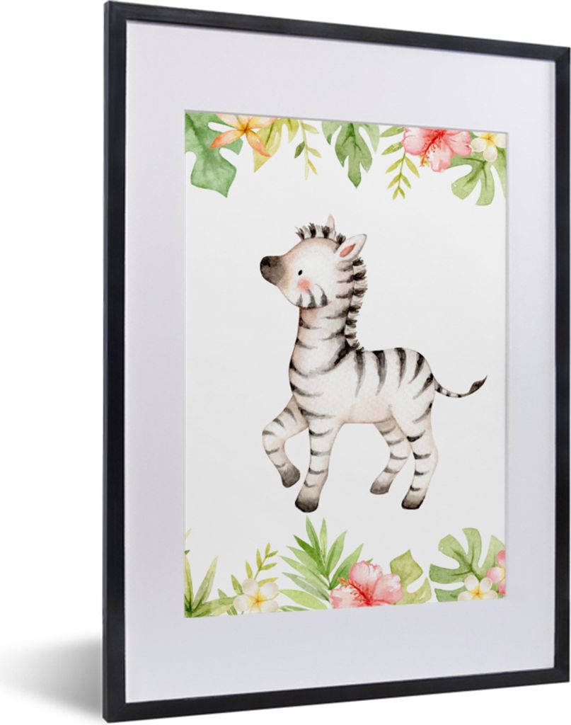 MuchoWow MuchoWow Gerahmtes Poster Zebra - Dschungel - Blumen - Pflanzen 30x40 cm - Poster mit zchwarzem Bilderrahmen - Wandposter Schlafzimmer