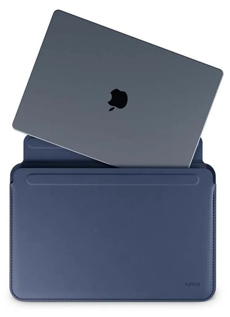 Pochette d'ordinateur 14 pouces en cuir bleu foncé style minimaliste