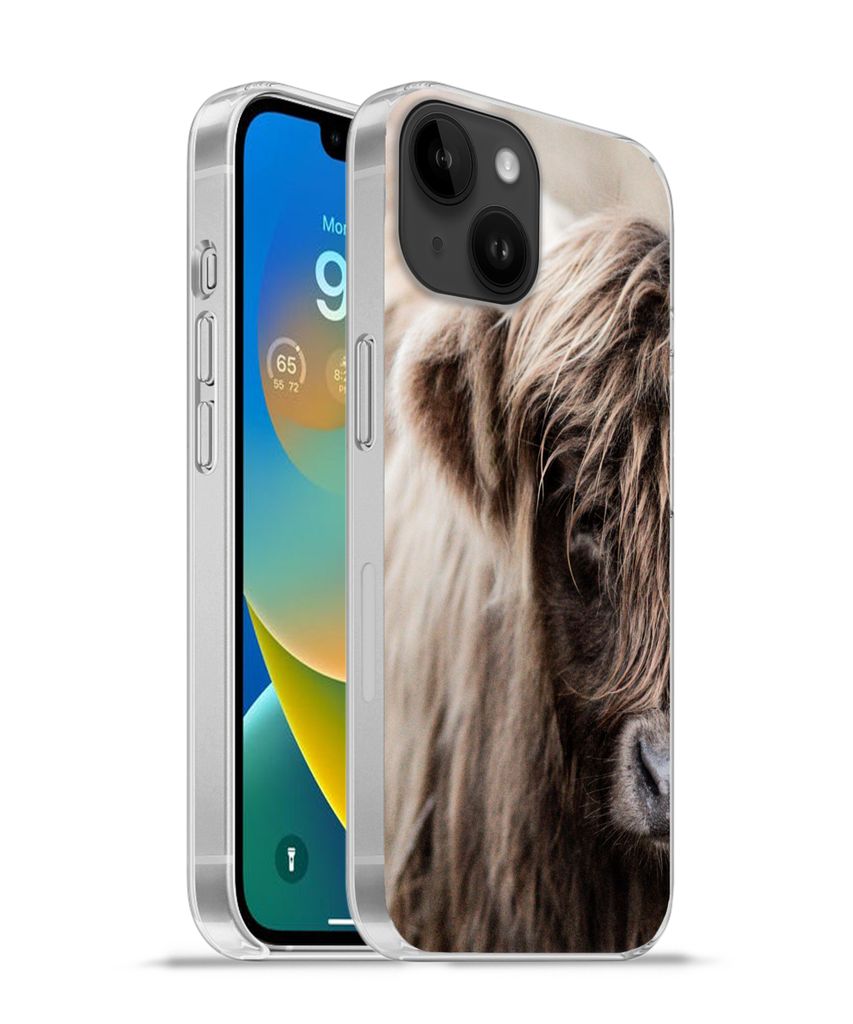 MuchoWow Handyhülle Schutzhülle Hülle für Apple iPhone 14 - Softcase Schottischer Highlander - Kuh - Vlies Silikon Softcase Handy Hülle - Mo...