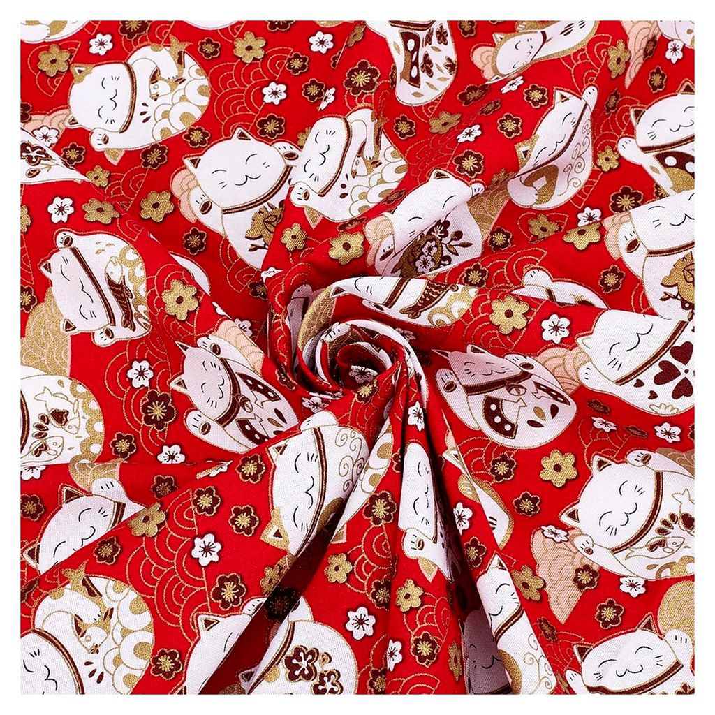 Baumwollstoff Meterware 1 x 1,5 m Dunkelroter Stoff mit Blumendruck und Glückskatzen-Muster zum Nähen von Kleidung, Tischdecken, Vorhängen und B...