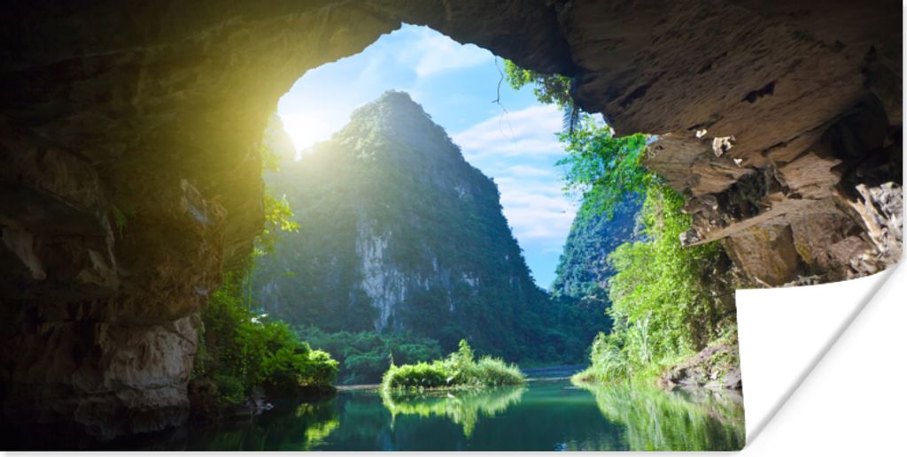 MuchoWow Poster Wasser - Höhle - Sonne - Natur - Pflanzen 40x20 cm - Poster für die Wand - Poster Schlafzimmer