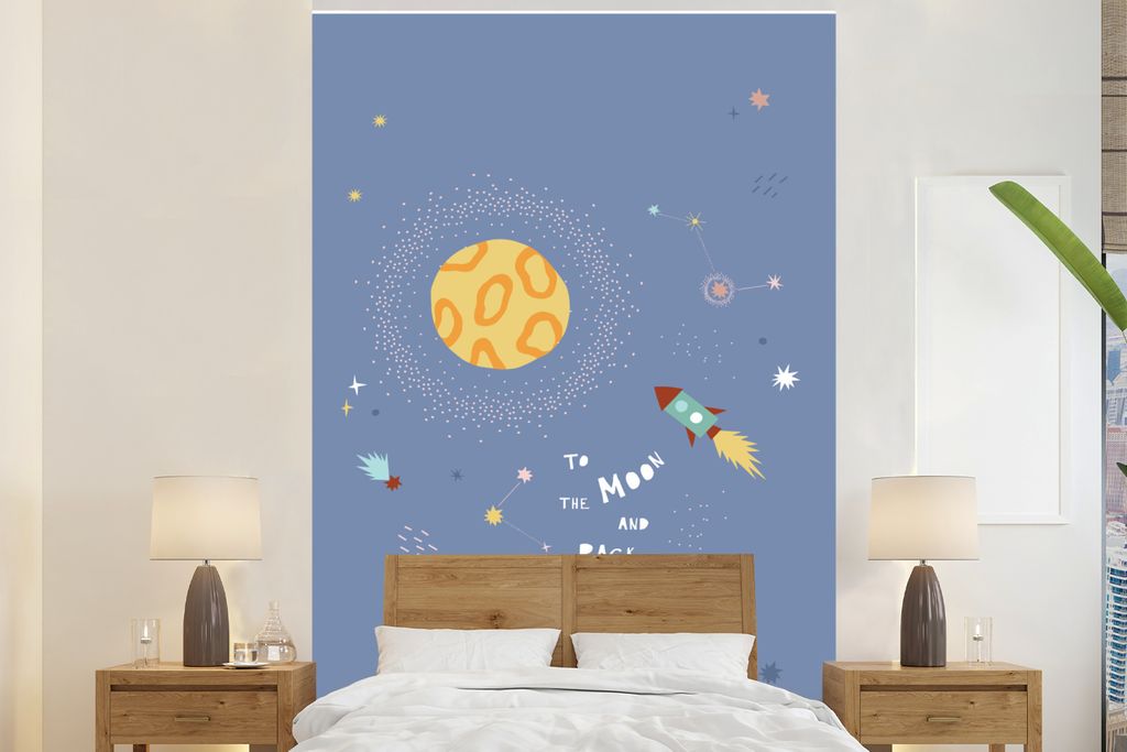 MuchoWow Fototapete für Wohnzimmer oder Schlafzimmer Wandtapete Vinyl Motivtapete Rakete - Sterne - Kinderzimmer - 155x240 cm - Tapete
