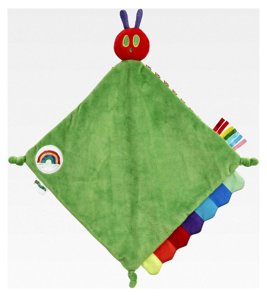Raupe Nimmersatt – weiches und buntes Regenbogen-VHC Schmusetuch mit strukturierten Etiketten und geknoteten Ecken – idealer Begleiter für die...