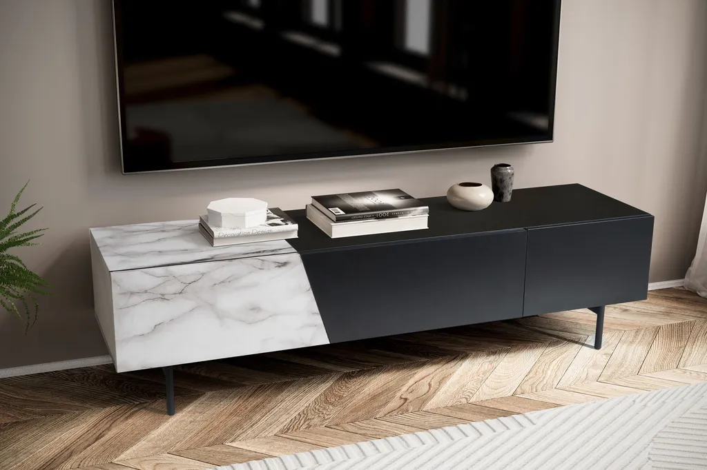 Commode TV Basse 150x40 cm pour Salon Moderne Noir et Marbre Chic