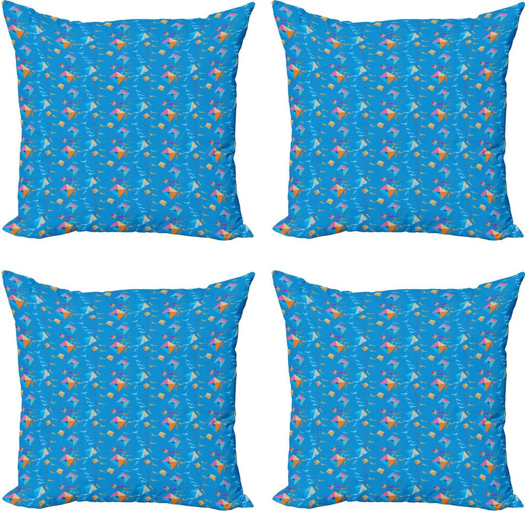 ABAKUHAUS Kites Kissenbezug Set (4 Stück), Vibrant tonte Drachen Fliegen, Moderner Doppelseitiger Digitaldruck, 60 cm x 60 cm, Mehrfarbig