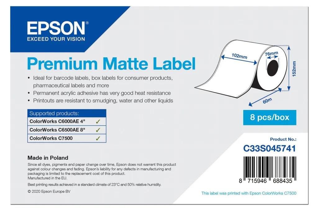 Étiquettes Epson Mat Adhésif Fixation Forte 102mm x 60m ColorWorks (x8)