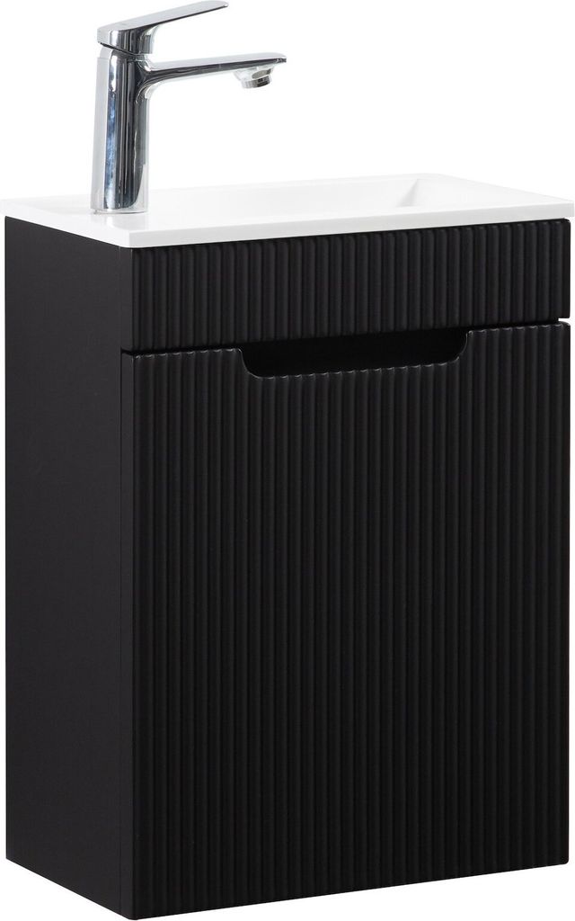 Badplaats Gäste-WC Waschtisch Set Thermis 40 x 22 cm Schwarz Matt - Badmöbel Set mit Waschbecken und Unterschrank, Vormontiert und mit Soft-Close