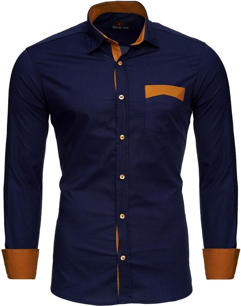 Reslad Herren Hemd Exklusiv Two Tone Look Langarmhemd RS-7205 Navy L