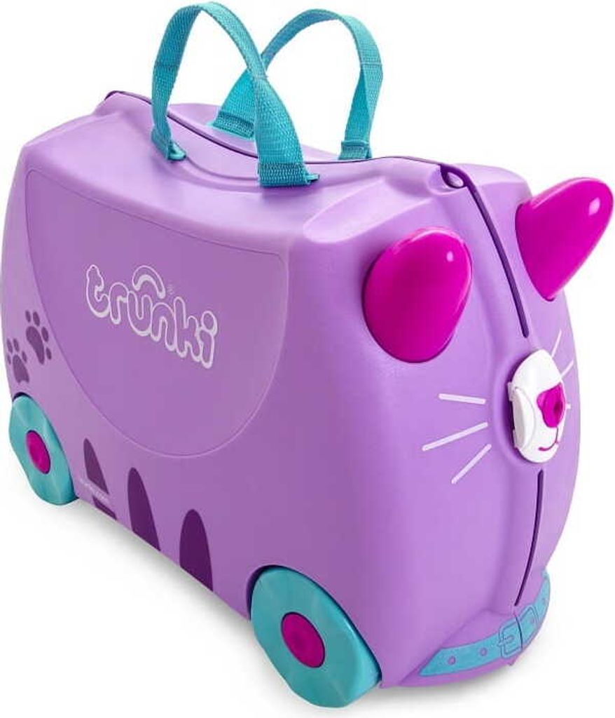 A purple cat-shaped children's suitcase with teal handles and wheels, shown from a diagonal angle against a white background.