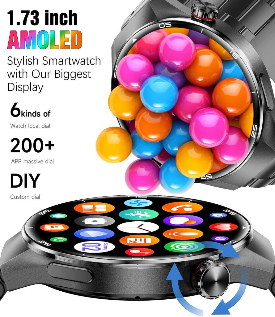 Smartwatch Herren 1,75" AMOLED Fitnessuhr mit 100 Sportmodi, Herzfrequenz-/Schlafmonitor, Bluetooth-Anrufe, IP67 wasserdicht für iOS/Android