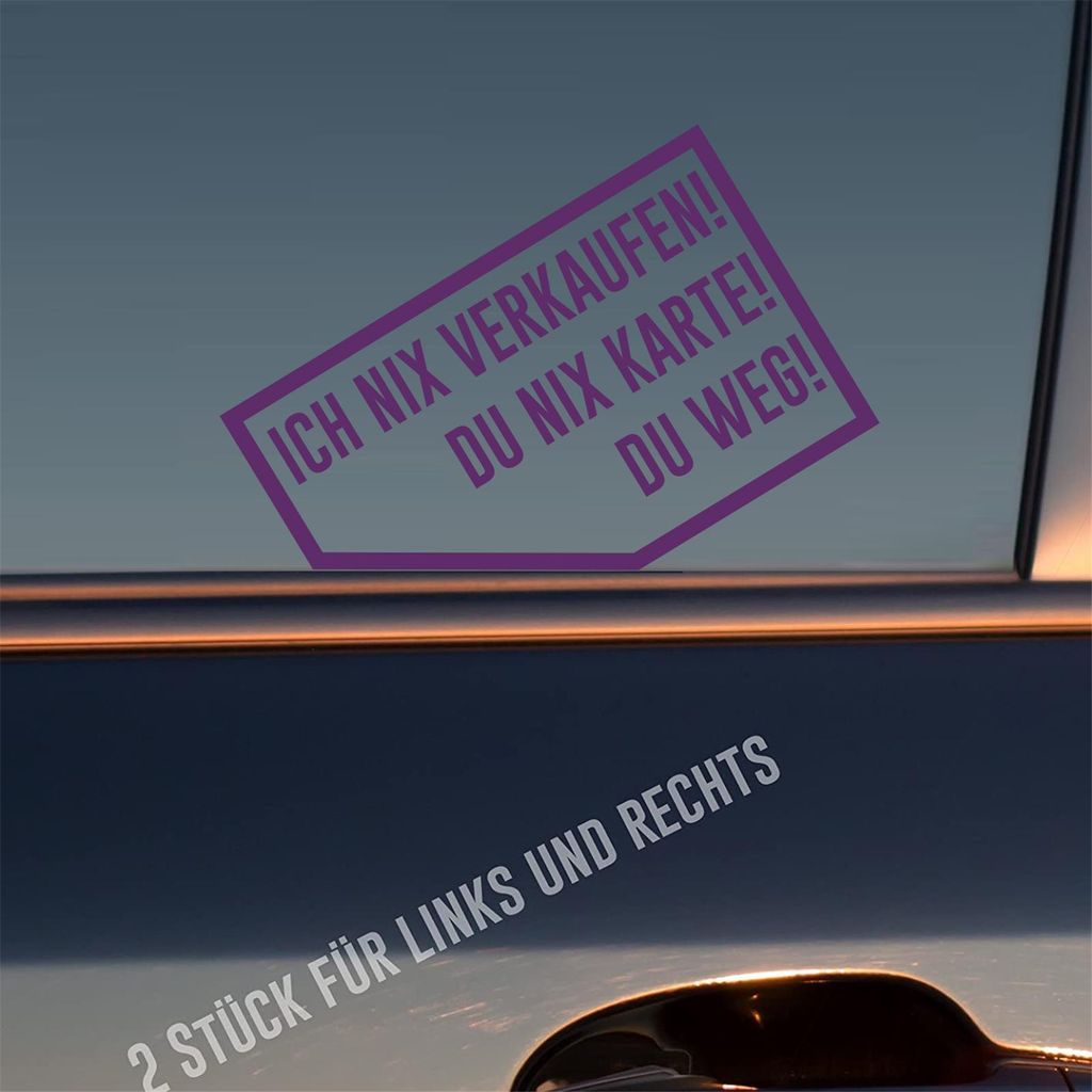 Auto Aufkleber Ich nix verkaufen! Du nix Karte! Du weg! 2 Stück Rechts & Links 9x5,7 cm Lila Sticker Heckscheibenaufkleber