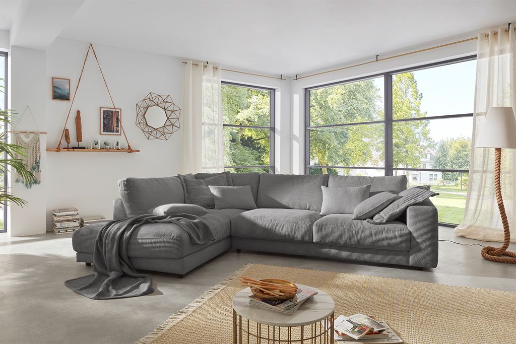 KAWOLA Sofa MADELINE Ecksofa Cord grau Recamiere links Produktbild 