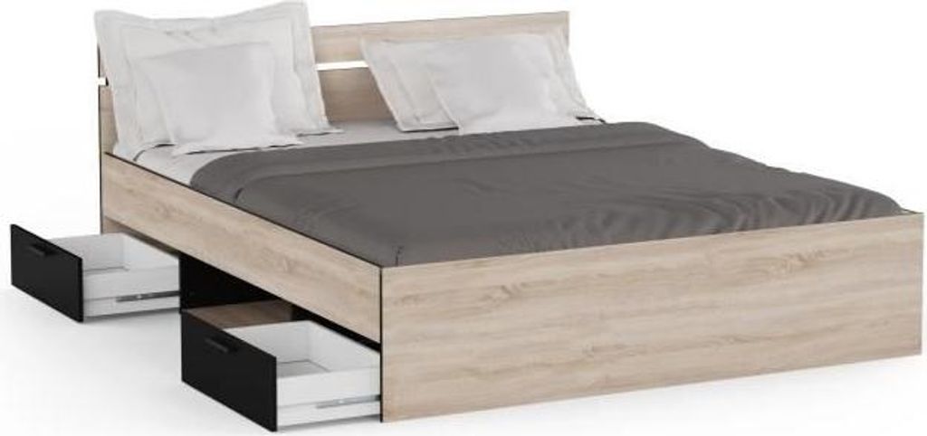 Doppelbett, DEMEYERE MICHIGAN, 160 x 200 cm, Gebürstete Eiche und Schwarz, 2 Schubladen und 1 Nische