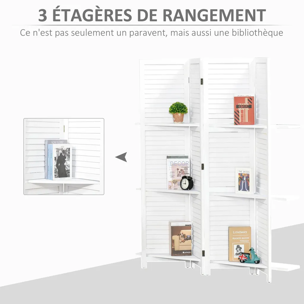 Cloison de séparation 160 cm en bois blanc avec 3 étagères intégrées - 6