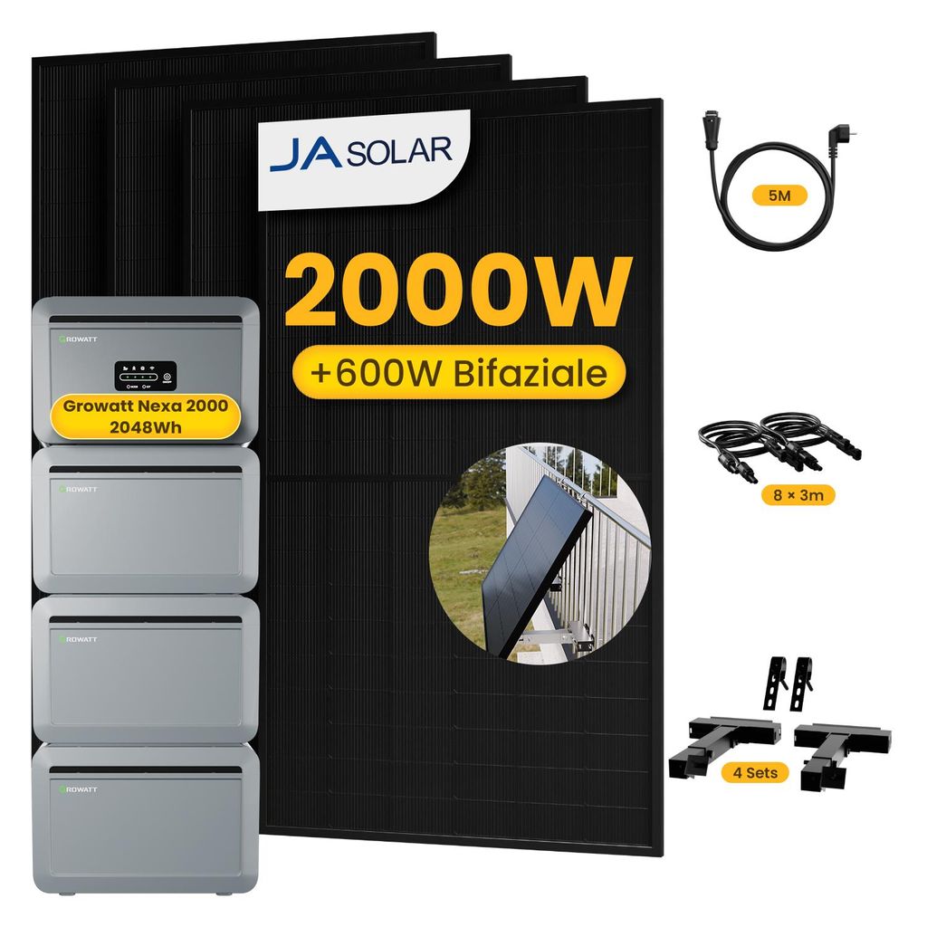 Powerness Balkonkraftwerk mit Speicher, Growatt NEXA 2000 Speicher und 3x NEXA2000E Erweiterungsakku,JASolar 2000W Module,4x Balkon-Halterung(Schwarz)