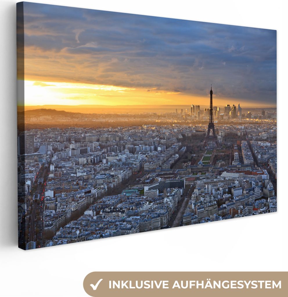 OneMillionCanvasses - Leinwandbilder - 150x100 cm, Paris - Skyline - Sonne, Wandbilder Kunstdruck Wanddekoration