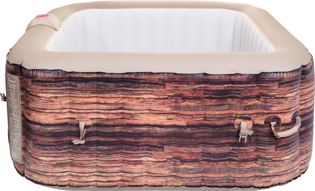 An inflatable hot tub with a wood-grain pattern on the exterior.