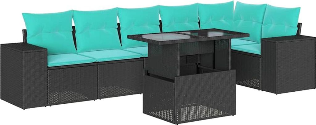 vidaXL 7-teiliges Gartensofa-Set mit Kissen, schwarzes Polyrattan