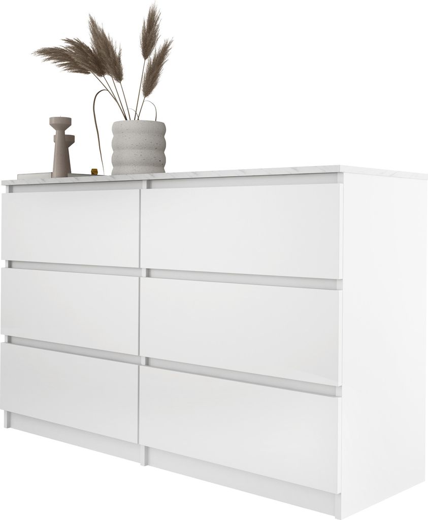 Kommode 6 Schubladen, Farbe: Mattweiß / Weißer Marmor, 120 x 78 x 39 cm