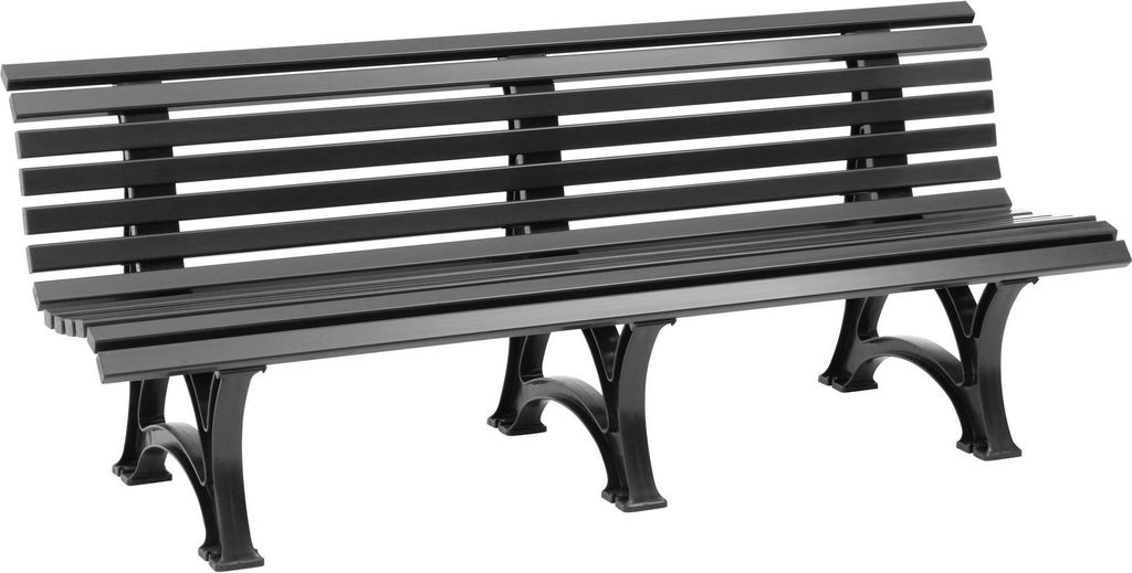 A black park bench with a slatted seat and back, supported by three ornate black legs, is shown against a white background.