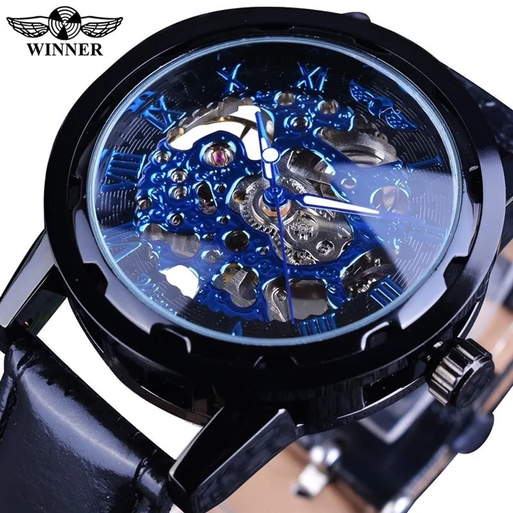 Montre Squelette Homme Winner Noire et Bleue au Design Mécanique Chic