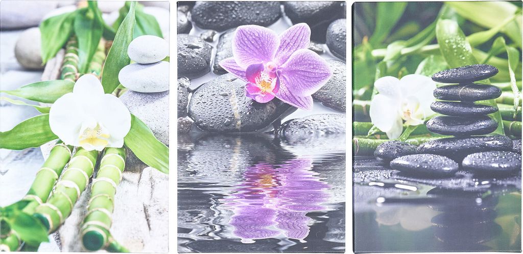 3er Set Wandbild je 20x30cm Leinwand Orchideen Bambus Deko Wanddeko